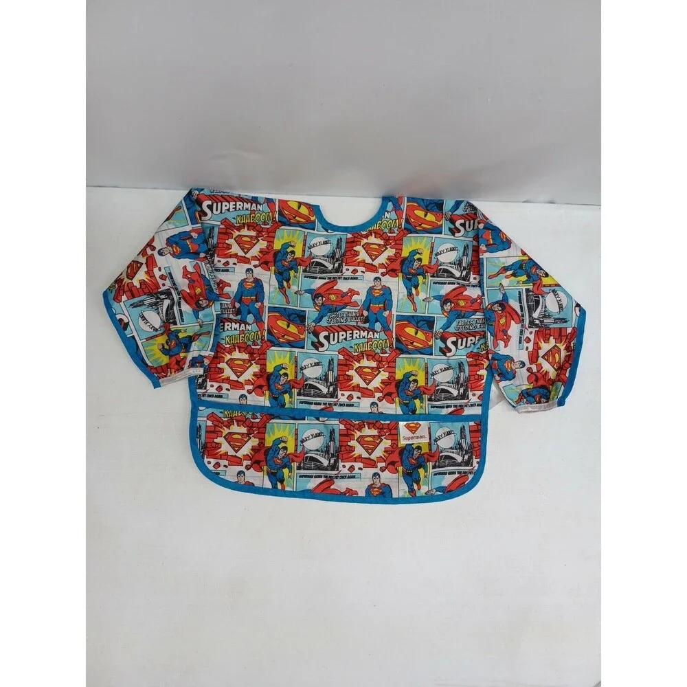 Vtg Bumkins Superman bib With Pockets kids boys girls Long Sleeve